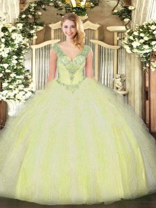 Floor Length Yellow Green Sweet 16 Dress Tulle Sleeveless Beading and Ruffles