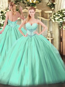 Turquoise Tulle Lace Up Sweetheart Sleeveless Floor Length 15th Birthday Dress Beading