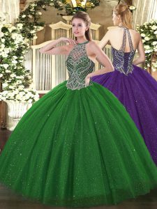 Best Selling Green Halter Top Lace Up Beading Sweet 16 Quinceanera Dress Sleeveless