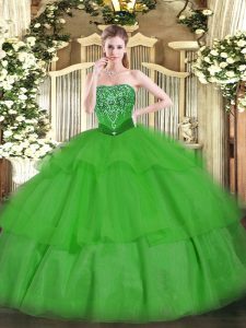 Most Popular Beading and Ruffled Layers Vestidos de Quinceanera Green Lace Up Sleeveless Floor Length