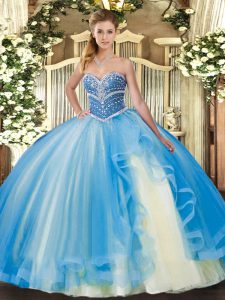 Extravagant Baby Blue Sleeveless Beading and Ruffles Floor Length Quince Ball Gowns
