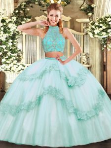 Tulle Sleeveless Floor Length Quinceanera Dresses and Beading and Appliques and Ruffles