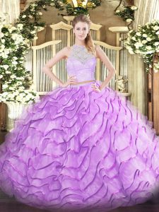 Wonderful Lilac Scoop Zipper Lace and Ruffles Vestidos de Quinceanera Brush Train Sleeveless