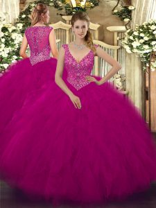 Tulle V-neck Sleeveless Zipper Beading and Ruffles Quinceanera Gowns in Fuchsia