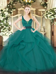 Free and Easy Teal Zipper Straps Beading and Ruffles Quinceanera Gowns Tulle Sleeveless
