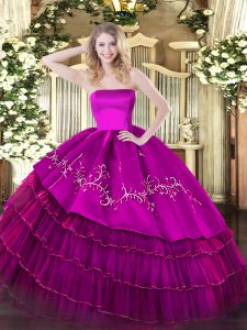Shining Sleeveless Organza and Taffeta Floor Length Zipper Ball Gown Prom Dress in Fuchsia with Embroidery and Ruffled Layers