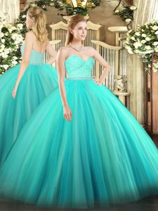 New Arrival Turquoise Tulle Zipper Sweetheart Sleeveless Floor Length Quinceanera Gowns Beading and Lace