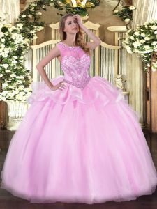 Floor Length Pink Vestidos de Quinceanera Organza Sleeveless Beading