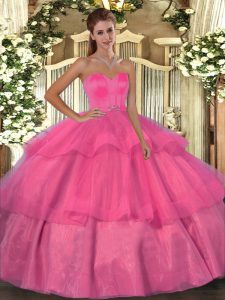 Hot Pink Sweetheart Lace Up Beading and Ruffled Layers Quinceanera Gown Sleeveless