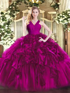 Sophisticated V-neck Sleeveless Organza Ball Gown Prom Dress Ruffles Zipper