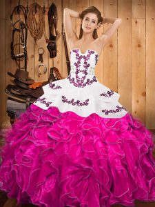 Strapless Sleeveless Satin and Organza Quinceanera Dresses Embroidery and Ruffles Lace Up