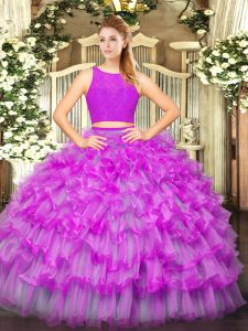 Hot Sale Tulle Scoop Sleeveless Zipper Ruffled Layers 15th Birthday Dress in Fuchsia