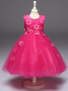 Admirable Hot Pink Sleeveless Knee Length Appliques and Bowknot Zipper Little Girls Pageant Gowns