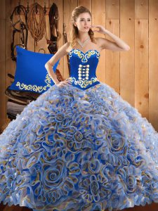 Colorful Multi-color Ball Gowns Satin and Fabric With Rolling Flowers Sweetheart Sleeveless Embroidery With Train Lace Up Sweet 16 Quinceanera Dress Sweep Train
