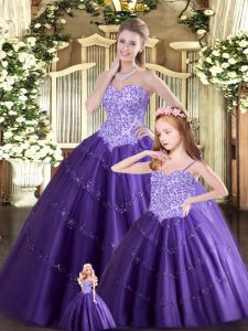 Glittering Sleeveless Floor Length Beading Lace Up Sweet 16 Quinceanera Dress with Purple