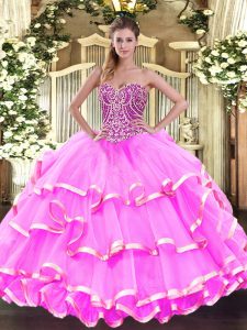 Dramatic Rose Pink Sleeveless Floor Length Beading and Ruffled Layers Lace Up Quinceanera Dress