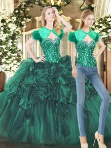 Floor Length Dark Green Quinceanera Dress Tulle Sleeveless Beading and Ruffles