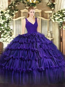Extravagant Purple Ball Gowns Beading and Lace and Ruffled Layers Quinceanera Dress Backless Organza Sleeveless Floor Length