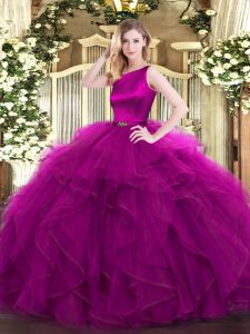 Ball Gowns Vestidos de Quinceanera Fuchsia Scoop Organza Sleeveless Floor Length Clasp Handle