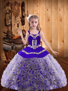 Simple Floor Length Multi-color Little Girl Pageant Dress Fabric With Rolling Flowers Sleeveless Embroidery and Ruffles