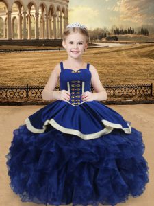 Blue Sleeveless Floor Length Beading and Ruffles Lace Up Little Girls Pageant Dress Wholesale