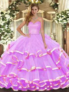 Lilac Quince Ball Gowns Military Ball and Sweet 16 and Quinceanera with Ruffled Layers Sweetheart Sleeveless Lace Up