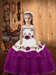 Custom Design Fuchsia Little Girls Pageant Dress Sweet 16 and Quinceanera with Embroidery and Ruffled Layers Straps Sleeveless Lace Up