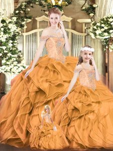 Elegant Beading and Ruffles 15 Quinceanera Dress Orange Red Lace Up Sleeveless Floor Length