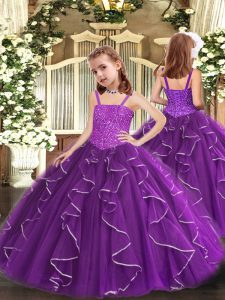 Gorgeous Purple Kids Pageant Dress Party and Sweet 16 and Quinceanera and Wedding Party with Beading and Ruffles Straps Sleeveless Lace Up