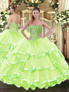 Yellow Green Lace Up Sweetheart Beading and Ruffled Layers 15th Birthday Dress Tulle Sleeveless