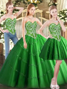 Green Sleeveless Tulle Lace Up Quinceanera Dress for Military Ball and Sweet 16 and Quinceanera
