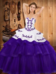 High Class Purple Ball Gowns Embroidery and Ruffled Layers Sweet 16 Dresses Lace Up Tulle Sleeveless