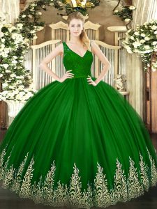 Green Sleeveless Tulle Backless Quince Ball Gowns for Military Ball and Sweet 16 and Quinceanera