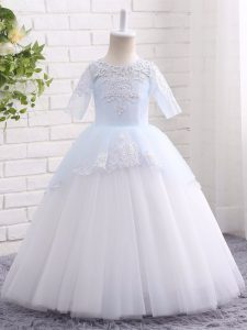 Blue And White Half Sleeves Tulle Clasp Handle Little Girl Pageant Dress for Wedding Party