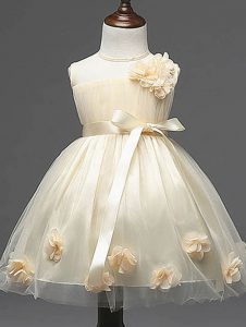 Hot Selling Knee Length Champagne Pageant Gowns For Girls Tulle Sleeveless Hand Made Flower