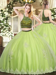 Admirable Beading and Appliques 15th Birthday Dress Yellow Green Zipper Sleeveless Floor Length