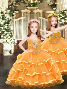 Floor Length Lace Up Pageant Gowns Orange for Party and Quinceanera with Beading and Ruffled Layers