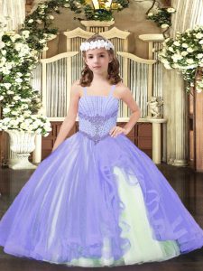 Sleeveless Tulle Floor Length Lace Up Little Girls Pageant Dress Wholesale in Lavender with Beading