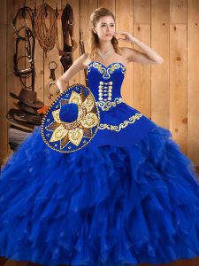 Sweetheart Sleeveless Quinceanera Gown Floor Length Embroidery and Ruffles Blue Satin and Organza