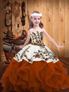 Perfect Rust Red Little Girl Pageant Dress Sweet 16 and Quinceanera with Embroidery and Ruffles Straps Sleeveless Lace Up