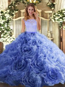 Luxury Scoop Sleeveless 15th Birthday Dress Floor Length Beading and Lace Blue Organza and Fabric With Rolling Flowers