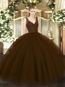 Vintage Tulle and Sequined V-neck Sleeveless Zipper Beading 15th Birthday Dress in Brown