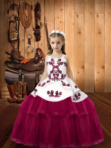 Fancy Sleeveless Floor Length Embroidery Lace Up Girls Pageant Dresses with Fuchsia