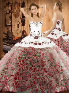 Multi-color Ball Gowns Fabric With Rolling Flowers Sweetheart Sleeveless Embroidery Lace Up Sweet 16 Quinceanera Dress Sweep Train
