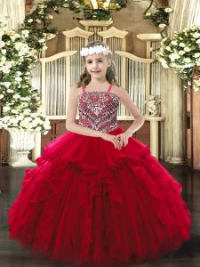 Dramatic Floor Length Ball Gowns Sleeveless Wine Red Pageant Dresses Lace Up