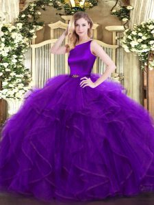 Floor Length Clasp Handle Quinceanera Gown Purple for Military Ball and Sweet 16 and Quinceanera with Ruffles