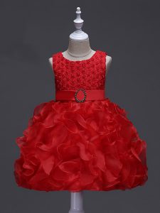 Red Lace Up Scoop Ruffles and Belt Child Pageant Dress Organza Sleeveless