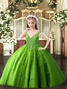 Perfect Green Tulle Lace Up V-neck Sleeveless Floor Length Little Girls Pageant Gowns Beading and Appliques