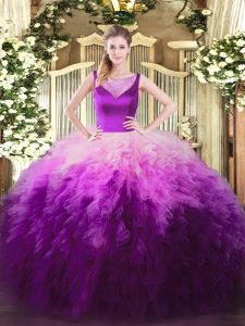 Scoop Sleeveless Sweet 16 Quinceanera Dress Floor Length Beading and Ruffles Multi-color Tulle