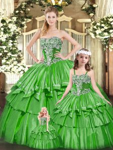 Strapless Sleeveless Organza Vestidos de Quinceanera Beading and Ruffled Layers Lace Up